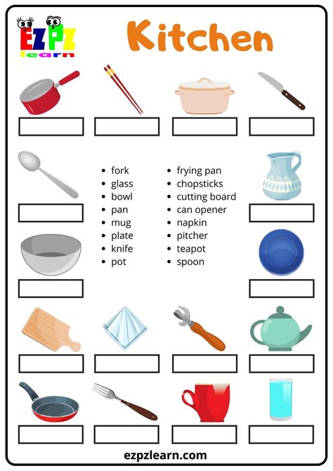 Kitchen Words English, Basic English For Kids, English Primary School, Ingles Kids, Esl Teaching Resources, Classroom Anchor Charts, Kitchen Words, English Activities For Kids, Free Preschool Worksheets