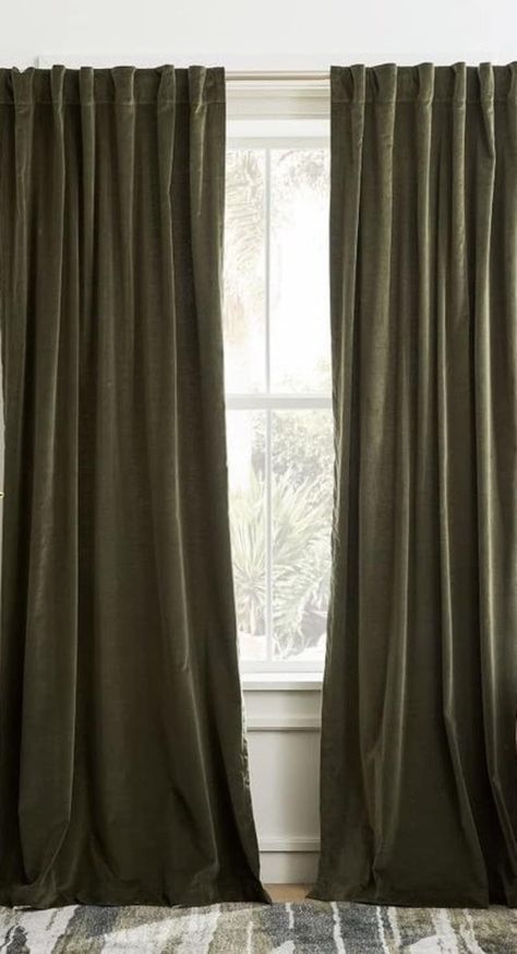 Green Curtains Living Room, Green Curtains Bedroom, Olive Green Curtains, Olive Green Bedrooms, Door Window Curtain, Dark Curtains, Living Room Door, Elegant Curtains, Long Curtains