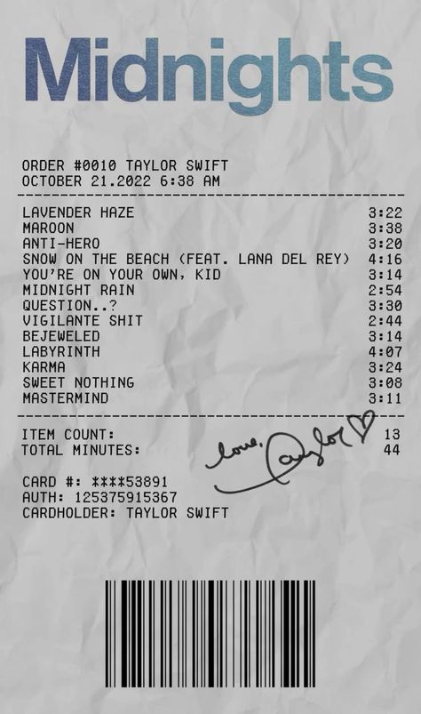 Taylor swift midnights album receipt Midnights Album Receipt, Gemma Core, Receipt Poster, Taylor Poster, Album Receipt, Midnights Album, Taylor Swift Midnights, Taylor Swift Posters, Poster Drawing