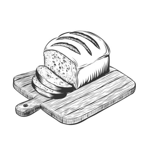 sliced loaf of bread on chopping board vector illustration for bakery, windows design, menu. Hand drawn sketch engraving illustration style Bread Loaf Drawing, How To Draw Bread, Bread Drawing Simple, Baking Sketch, Bread Sketch, Bread Drawing, Bakery Illustration, Bread Illustration, Bread Vector