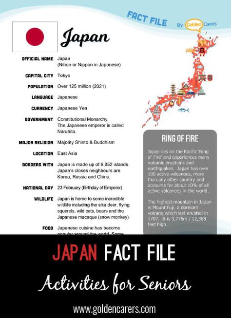 Japan Fact File: An attractive one-page fact file all about the Japan. Print, distribute and discuss! Japan School Project Ideas, Japan Geography, Japan Worksheet, Japan Topic Ks2, Japan Facts For Kids, Japan Activities, Japan Travel Brochure, Japan Famous Places, Cover Page For Project