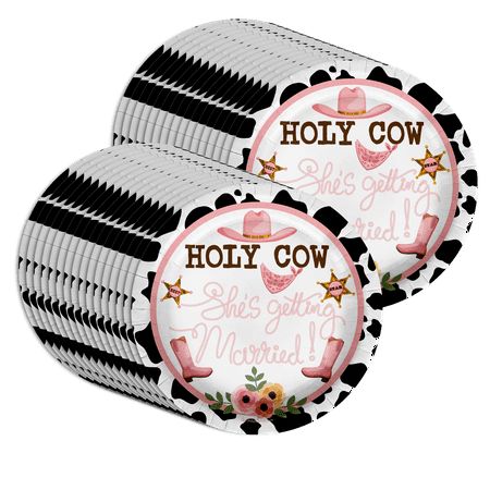 These Holy Cow She's Getting Married Bridal Shower Party Supplies paper plates are perfect for your bridal shower. Made of durable paper, they are 9 inches in size and come in a bulk pack of 32. Save time and money while adding a touch of whimsical charm to your party decor. Size: 9". Holy Cow Bridal Shower Theme, Highland Cow Bridal Shower Ideas, Cow Themed Bachelorette Party, Western Theme Bridal Shower Ideas, Cow Themed Bridal Shower Ideas, Bridal Shower Rustic Theme, Country Bridal Shower Themes, Cowgirl Bridal Shower Ideas, Country Bridal Shower Ideas