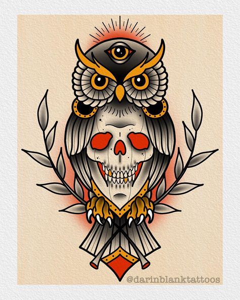 Skull owl design up for grabs! darinblanktattoos@gmail.com for bookings. . . . . #tattoo #tattoos #tattooart #tattooartist #tattooflash… Owl Tattoo Flash, Wolf Sketch Tattoo, Pinup Tattoos, Tattoo Planets, Mandala Arm Tattoo, Edinburgh Tattoo, Traditional Owl Tattoos, Berg Tattoo, Protection Sigils