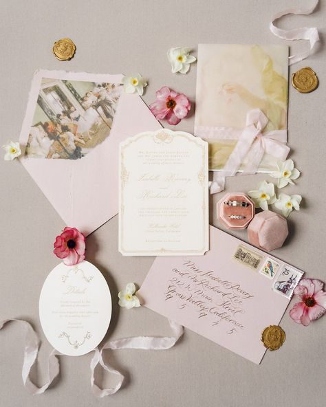 Sweet deets of this suite; silk ribbon + vintage stamps are always a good idea 😌 ⠀⠀⠀⠀⠀⠀⠀⠀⠀⠀⠀⠀ Design & Florals | @threesummerdaysevents Venue | @holbrookehotel Hair & Make-up | @lea_bgorgeous Stationery | @studioxixi Cake | @prettysweetdesserts Models | @chloe.diane01 @seabreeze_23_ Photographers | @michellenguyen.photo @charplenz . . . . . . . . . #custominvitations #bespokestationery #weddingstationery #weddingdetail #weddingplanning #weddingstyle #weddinginspiration #weddingideas #weddingi... Whimsical Invitations, Baby Pink Silk, Pink Silk Ribbon, Stationery Studio, Vellum Wrap, Wedding Artwork, Envelope Liners Wedding, Hand Calligraphy, Pink And Gold Wedding