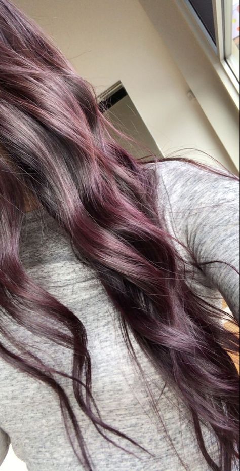 Chocolate Mauve Highlights On Dark Hair, Plum Hair With Silver Highlights, Dark Hair With Mauve Highlights, Dark Brunette Balayage Hair Purple, Eggplant Plum Hair Color, Dark Brown Purple Highlights, Bayalage Purple Hair, Dark Brown With Purple Balayage, Dark Plum Highlights On Dark Hair