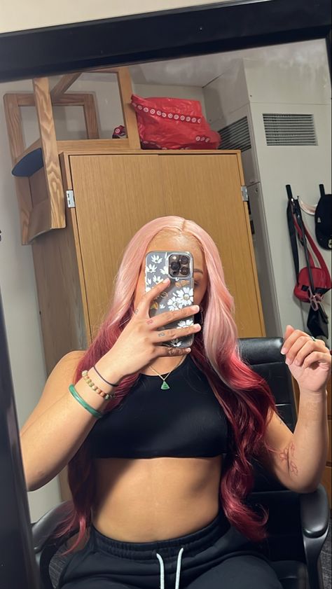 Red Wig Pink Highlights, Burgundy Wig Outfit, Pink And Red Ombré Wig, Pink And Burgundy Hair Black Women, Pink To Red Ombre Hair, Pink Burgundy Hair, Pink And Red Wig, Burgundy Hair With Pink, Red And Pink Hair Black Women