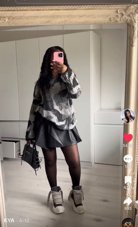 Birthday Outfits Black Women Winter Teen, Rick Owens Stocking Sneakers Outfit, Black Tights Under Skirt Outfit, Hoodie Skirt Outfits Black Women, Fly Girl Outfits Winter, Skirt Outfits Black Women Birthday, Short Denim Skirt Outfits Winter, Grey Outfits Black Women, Birthday Outfit Black Woman Winter