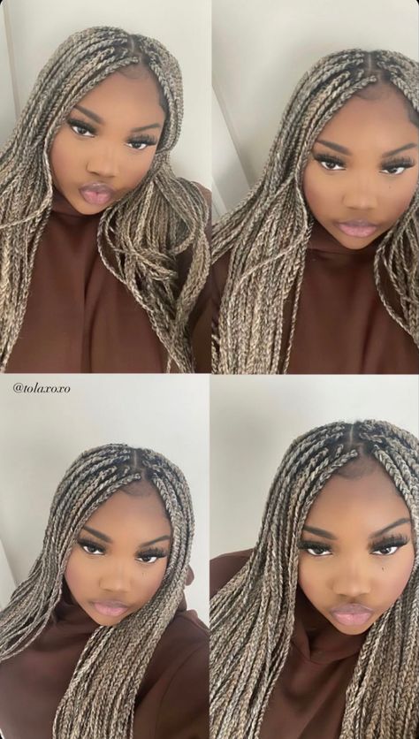 Grey And Blonde Box Braids, Silver Blonde Braids, Platinum Blonde Braids On Dark Skin, Ash Blonde Box Braids Black Women, Blonde Braids Dark Roots, Color Combination For Braids, Ashy Blonde Braids, Ash Braids, Ash Blonde Box Braids