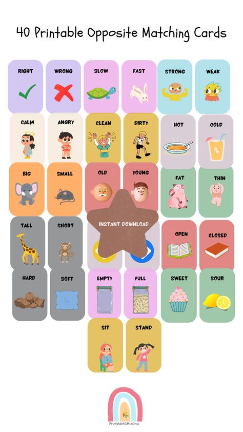 40 Printable Opposites Matching FlashCards,Opposite Adjectives, Pairing Cards, Preschool Flashcards ,Home school,Home learning cards Opposites Matching Worksheet, Opposite Words With Pictures, Opposite Flashcards Free Printable, Opposites Words English, Opposites Flashcards, Opposite Words For Kids, Preschool Flashcards, English Play, Partner Cards