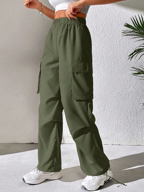 Olive Green Casual Collar  Woven Fabric Plain Parachute Embellished Non-Stretch  Women Clothing Olive Green Casual Outfits, Sage Green Fashion, Cute Cargo Pants, Cargo Dress Pants, Minimalist Wardrobe Capsule, Olive Green Cargo Pants, Olive Clothing, Outfits Con Jeans, Blazer Outfits Casual