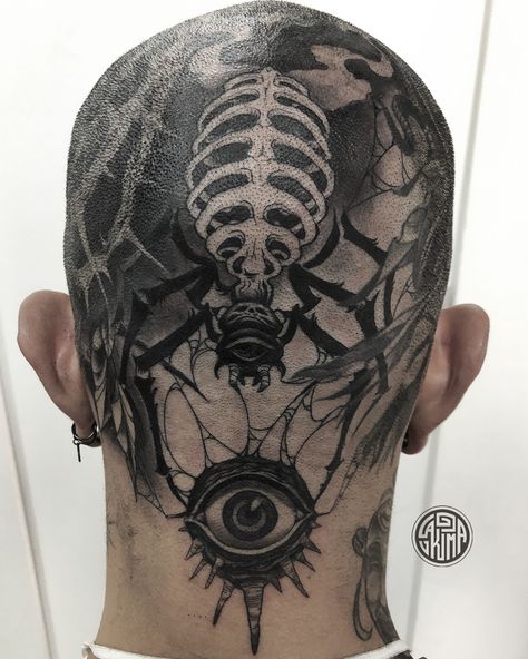 Dark head tattoo Neck And Head Tattoo Men, Cyberpunk Head Tattoo, Head Tattoos Side, Back Head Tattoo Men, Top Head Tattoo, Full Head Tattoo Men, Back Head Tattoo, Full Head Tattoo, Tattoos On Head