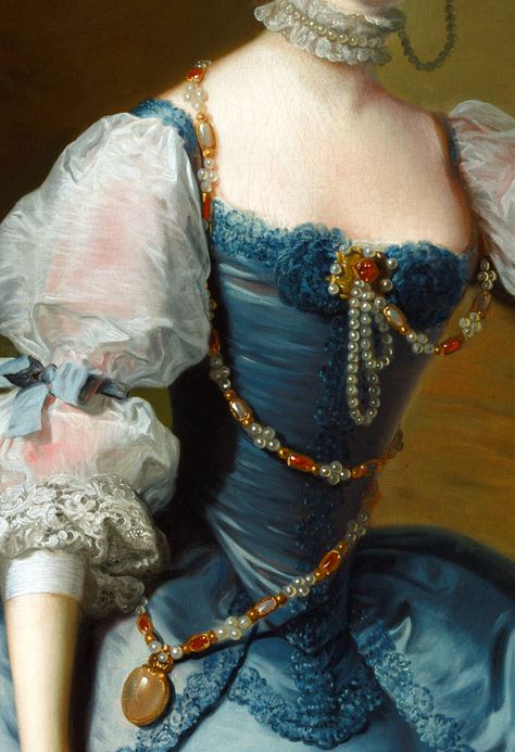 pearl and lace choker- DIY idea……scent bottle or any large pendant hanging from a jeweled belt……. pearl corsage pinned on neckline…. another DIY idea…….. Detail from Lady Oxenden, c.1755, by Thomas Hudson. Art Gallery NSW. Masquerade Costumes, 18th Century Fashion, Detail Art, Historical Costume, Historical Dresses, Marie Antoinette, Historical Clothing, Historical Fashion, Art Plastique