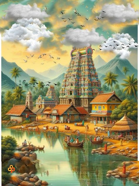 Village Background Indian, Village Scene Drawing, Circus Background, Countryside Art, Indian Temple Architecture, Photoshop Digital Background, Scene Drawing, Indian Art Gallery, Ancient Paintings