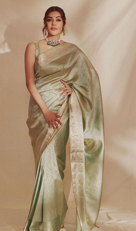 Powder Blue Saree, Engagement Sarees, Engagement Saree, Formal Saree, Blue Silk Saree, Saree Fashion, Modern Saree, Kajal Agarwal, Indian Fashion Saree