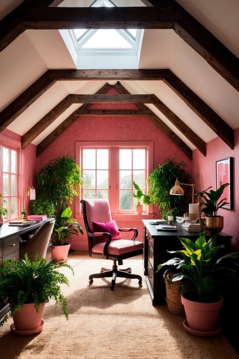 attic office space with plants and pink walls, high ceiling and beautiful decor Low Ceiling Attic Office, Attic Paint Ideas, Attic Office Space Sloped Ceiling, Slanted Ceiling Office, Attic Office Ideas Sloped Ceiling, Small Attic Office, Tiny Attic Ideas, Attic Office Space, Smart Office Design