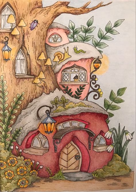 Fairy Village Drawing Tree Houses, Knome Houses Drawing, House In A Tree Drawing, Fantasy Garden Drawing, Imaginative Drawing Ideas, Fairy Town Drawing, Fantasy Houses Art Drawings, Fairy House Watercolor, Magic Garden Drawing