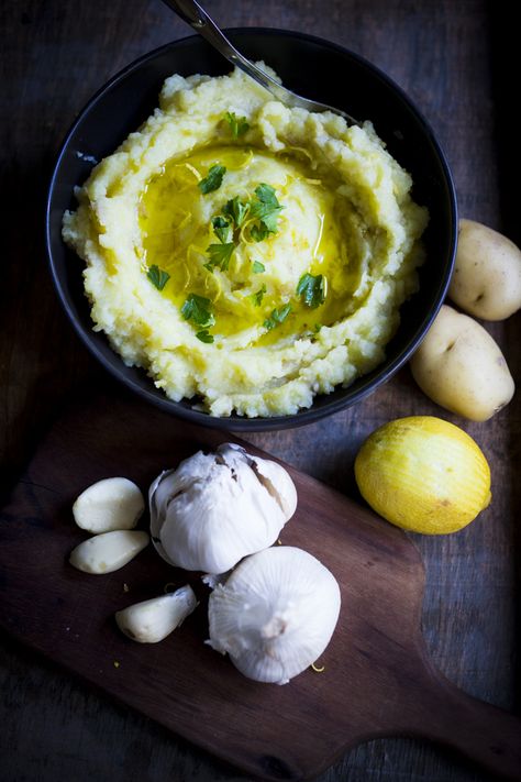 Skordalia - a Greek style dip made with potatoes, garlic, lemon and olive oil. Vegan and Gluten free….delicious served warm with toasted pita or veggies. Skordalia Recipe, Feasting At Home, Greek Potatoes, Greek Style, Greek Recipes, Tahini, Parsley, Guacamole, Hummus