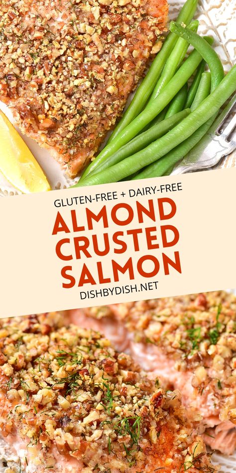 Collage of images of almond crusted salmon. Nut Crusted Salmon Recipes, Baked Salmon Dairy Free, Gluten Free Dairy Free Fish Recipes, Low Fat Salmon Recipes, Salmon Almondine, Fish Almondine Recipe, Salmon Recipes Gluten Free, Dairy Free Salmon Recipes, Gluten Free Salmon Recipes