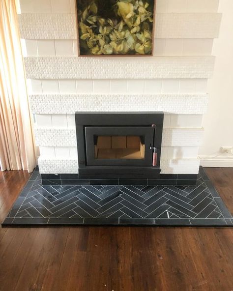 Mahaffey Tile & Stone on Instagram: "Nero marble hearth in herringbone pattern for the wonderful @freelancejane ⚒ a pleasure working at this house ☺️ 🔥" Herringbone Tile Hearth, Fireplace Floor Tile Hearth, Tiled Hearth Ideas Log Burner, Tile Hearth Fireplace, Herringbone Hearth, Fireplace Floor Tile, Tile Chimney, Fireplace Hearth Tile, Herringbone Tile Fireplace