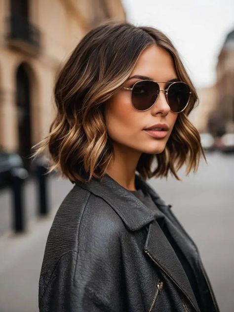 Brunette Medium Length Balayage Hair, Chestnut Brown Hair With Highlights Bob, Money Pieces Hair Brunette, Short Hair Color Ideas Brown, Bob Hair Balayage Brunettes, Brunette With Blonde Ombre, Brunette Bob Haircut With Highlights, 2024 Brown Hair Trends Summer, Cropped Bob Hairstyles