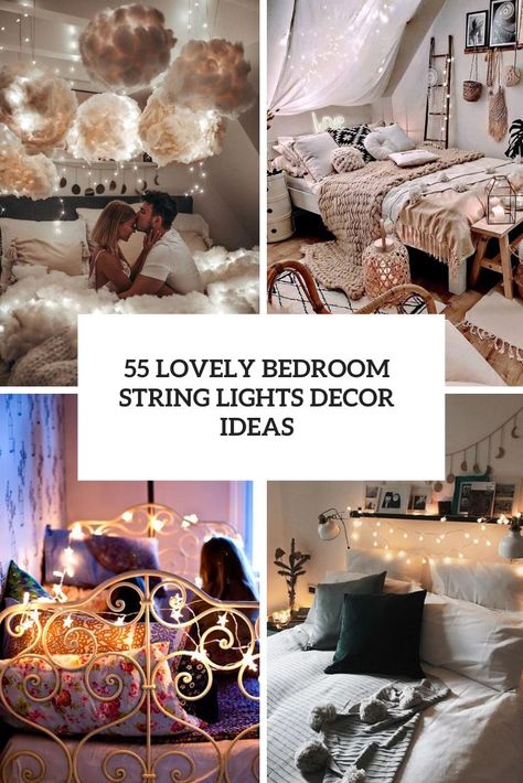 lovely bedroom string lights decor ideas cover Wire Lights Ideas Bedroom, String Lights Decor, Bedroom String Lights, Fairy Lights On Wall, Room String Lights, Fairy Lights Room, Christmas Lights In Bedroom, Lovely Bedroom, Gold Bedroom Decor