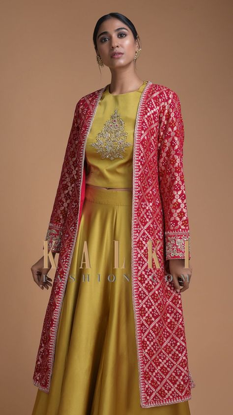 Palazzo Crop Top, Crop Top Suit, Silk Kurti Designs, Bandhani Dress, Kalki Fashion, Printed Jacket, Indian Gowns Dresses, Designer Party Wear Dresses, Party Wear Indian Dresses