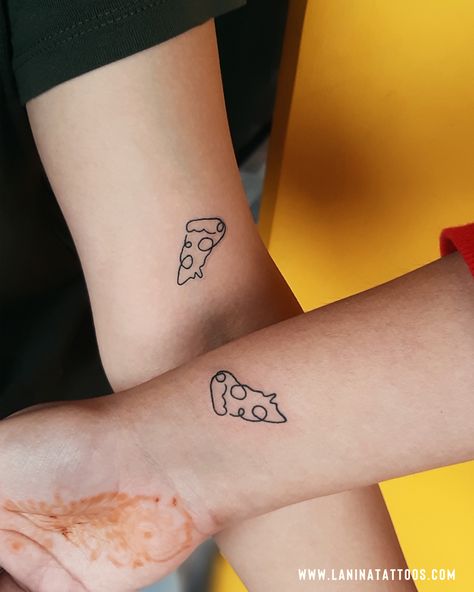 Tattoo done at La nina Tattoo studio #ahmedabad #gujarat #india #recipe #aesthetic #tiktok #pizza #love #tattooideas #tattoo Matching Pizza Tattoos Couple Tat, Pizza Couple Tattoo, Pizza Finger Tattoo, Tiny Pizza Tattoo, Simple Pizza Tattoo, Couple Food Tattoos, Fine Line Pizza Tattoo, Cute Pizza Tattoo, Pizza Flash Tattoo