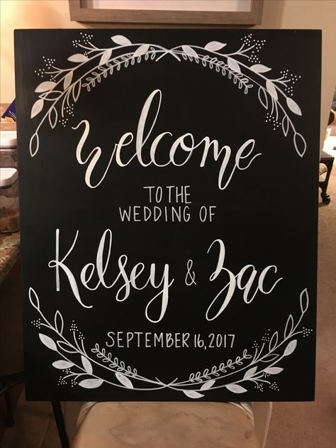 Calligraphy white lettering on chalkboard wedding welcome sign Blackboard Wedding, Wedding Chalk, Beach Wedding Decorations Reception, Wedding Chalkboard Signs, Calligraphy Signs, Cricut Wedding, Signs Wedding, Chalkboard Wedding, Wedding Welcome Sign