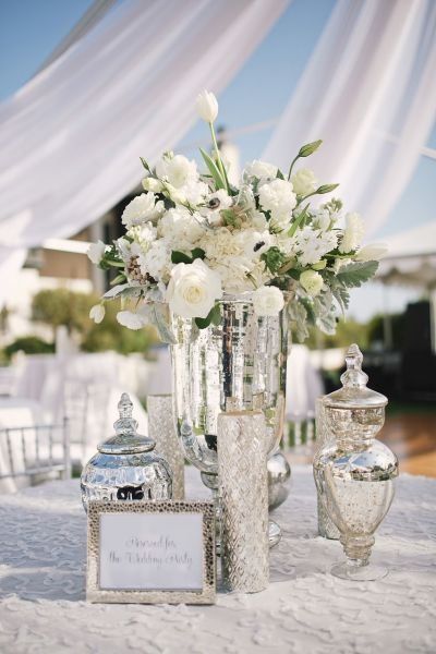 White + greenery wedding centerpiece idea - silver, mercury glass vases with white anemones + roses and dusty miller {Paul Johnson Photography} Silver Wedding Decor, Mercury Glass Centerpiece, Draping Design, Silver Wedding Ideas, Silver Wedding Decorations, Silver Centerpiece, Metallic Wedding, 25th Wedding Anniversary, Red And Silver