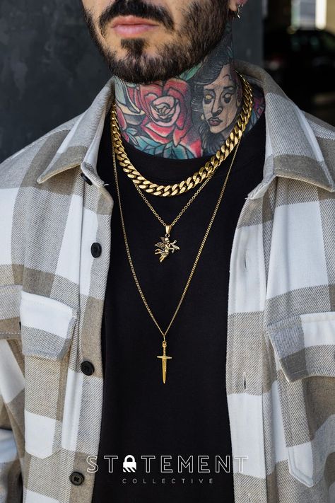 Angel & Dagger // Stack Gold by STATEMENT COLLECTIVE Chain Outfit Men, Gold Chain Outfit, Necklace Layering Ideas Gold, Styled Layers, Necklace Layering Ideas, Chain Stack, Necklace Stacks, Mens Gold Chain Necklace, Dagger Necklace