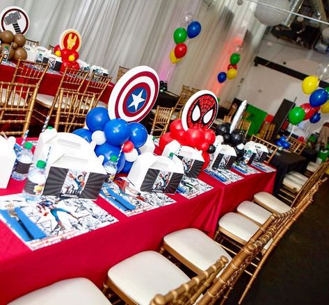 Superhero Birthday Centerpieces, Avenger Centerpieces Birthdays, Avengers Table Centerpieces, Captain America Table Decorations, Super Hero Table Decor, Superhero Party Centerpieces, Avengers Centerpieces, Super Hero Centerpieces Diy, Avengers Dessert Table