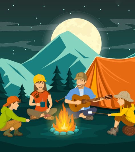 24 Camp Songs For Kids To Sing Around The Campfire Camp Songs For Kids, Camping Songs For Kids, Campfire Drawing, Drawing Of People, Camping Cartoon, Camping Illustration, Fire Animation, Camp Songs, Songs For Kids