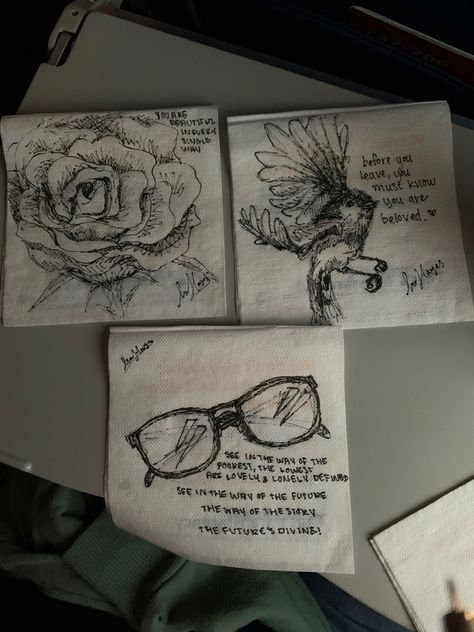 I was on a plane and didnt have any paper (but I did have a pen) so I asked for extra napkins and this is how they turned out. 2020 Paper Tablecloth Drawing, Books On Table Drawing, Napkin Drawings Sketch, Napkin Doodles, Napkin Drawing, Art Journal With Napkins, Airplane Doodle, Plane Drawing, Digital Portfolio