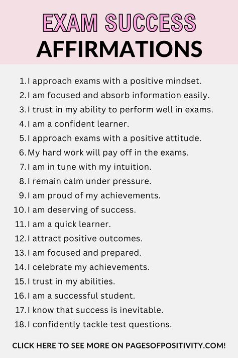 a pin that says in a large font Exam Success Affirmations Vision Boards For High School Students, Affirmation For College Students, Affirmations For Excellent Grades, High Grade Affirmation, Positive Affirmation For Studying, Daily Affirmations For High School Students, Before Test Affirmations, Passing A Test Affirmation, Manifestation For Students