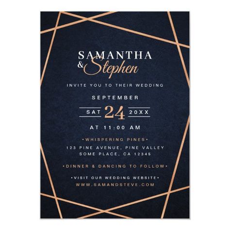 Stylish Navy Blue & Copper Geometric Wedding Invitation Navy And Copper, Geometric Wedding Invitation, Navy Blue Wedding Invitations, Wedding Invitation Size, Navy Wedding Invitations, Modern Wedding Invitation, Copper Wedding, Geometric Wedding, Wedding Fun