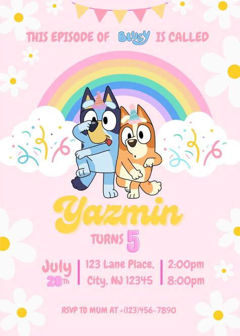 Bluey Birthday Invitation for Girl or Boy!  Ready to customize to your needs! Bluey 2nd Birthday Invitation, Bluey Birthday Party Invites, Bluey Summer Party, Bluey Invitations Template, Boy Girl Birthday Theme, Bluey Invitations Template Free, Bluey Birthday Invitation Template Free, Bluey Third Birthday Girl, Bluey Twoey Birthday Party