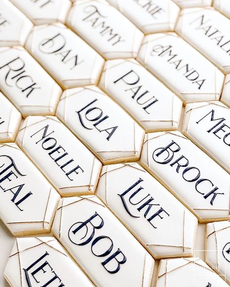 Placecard Cookies, Cookie Place Cards, Place Card Cookies, Edible Place Cards, Card Cookies, Nye Wedding, Art Deco Inspiration, Cutout Sugar Cookies, Cookie Inspiration