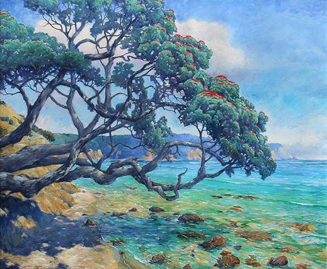 Graham Downs NZ landscape artist, oil on canvas, pohutukawa tree Pohutukawa Painting, New Zealand Artists, Pohutukawa Art, Pohutukawa Tattoo, Pohutukawa Tree, Street Scape, Nz Landscape, Marsh Art, David Bromley