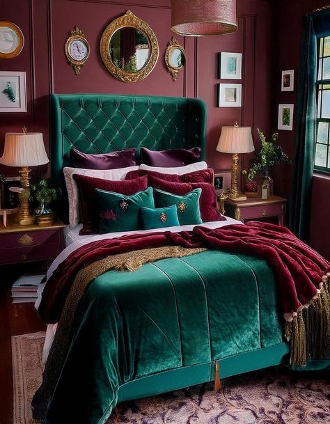 Velvet Bedspread in Deep Tones Bedroom Jewel Tones, Jewel Bedroom, Emerald Green Rooms, Dark Cottagecore Bedroom, Jewel Tone Bedroom, Black Iron Beds, Office Bedroom Ideas, Cottagecore Bedroom Ideas, Light Blue Living Room