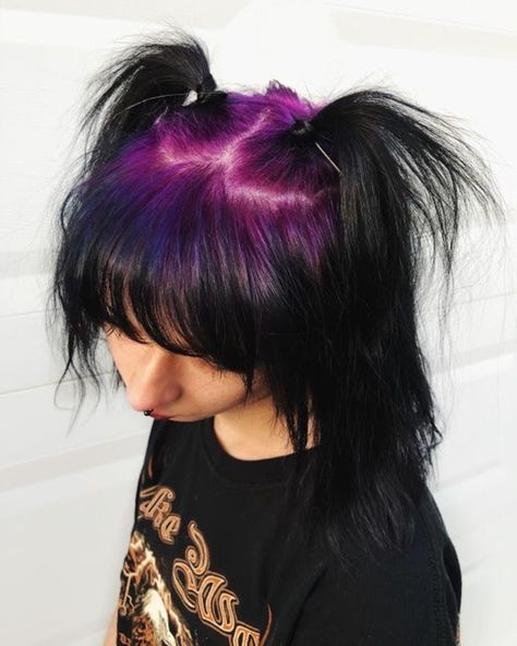 Split Dyed Purple Hair, Spilt Dye Hair Purple, Roots Different Color Hair, Colorful Roots Black Hair, Colour Roots Black Hair, Purple Roots And Black Hair, Hair Roots Dyed, Only Roots Dyed Hair, Purple Punk Hair