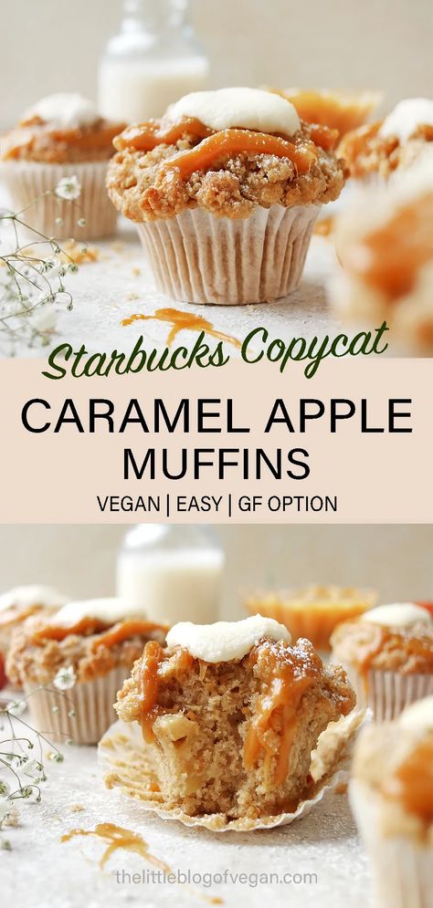 pinterest pin for caramel apple muffins Thick Caramel Sauce, Starbucks Muffins, Autumnal Recipes, Gluten Free Caramel Apples, Caramel Apple Muffins, Vegan Caramel Apple, Apple Muffin Recipes, Vegan Scones, Dairy Free Treats