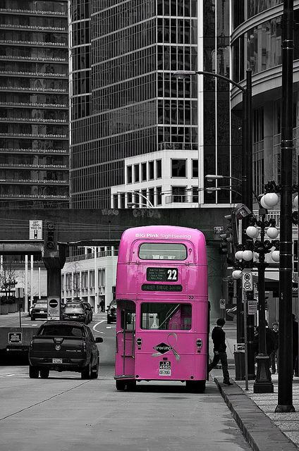 gordeau | Pink Bus Selective Color Photography, Contrast Photography, Color Splash Photo, Color Splash Photography, Splash Photography, Decker Bus, Double Decker Bus, Negroni, Tickled Pink