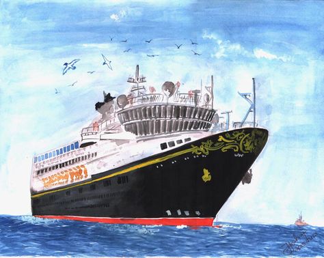 Cruise Ship Water colour Cruise Ship Painting, Cruise Ship Drawing, Cruise Drawing, In Water Drawing, Match Art, Disney Cruise Ships, Cargo Ship, Water Drawing, Ship Drawing