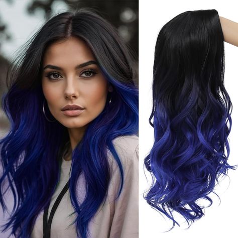 PRICES MAY VARY. 【Premium Material】Made of high quality synthetic heat resistant fiber, which enable the ombre long curly wavy wig long term use, look natural and touch soft,easy to comb,minimum shedding and tangling. 【Color】Ombre Blue. Color May Be Different Due to Displays and lights. 【Adjustable Size】about 21"-23".There are 2 adjustment straps and 2 combs inside the blue curly wavy wig,you can adjust the hook inside the cap to the correct size to suit your head. 【Daily & Cosplay Use】 This omb Black To Blue Ombre Hair, Sapphire Hair, Black To Blue Ombre, Blue Black Hair Color, Long Wavy Wig, Blue Black Hair, Blue Ombre Hair, Blue Wig, Wavy Wig