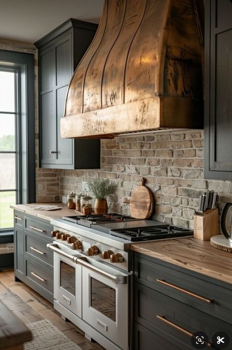 Rock Backsplash Kitchen, Barndo Interior, Barndo Kitchen, Kitchen Backsplash Trends, Backsplash Trends, Stone Backsplash Kitchen, Rustic Kitchen Ideas, Barndominium Interior, Rustic Modern Kitchen