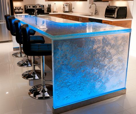 Glass Counter looks like an ice bar. What a stunning surprise lighting adding outstanding decor to a black & white kitchen. #LGLimitlessDesign #Contest Glass Kitchen Countertops, Beautiful Kitchen Countertops, Kitchen Design Countertops, Outdoor Kitchen Countertops, Kitchen Design Diy, Glass Countertops, New Countertops, Countertop Design, Design Del Prodotto