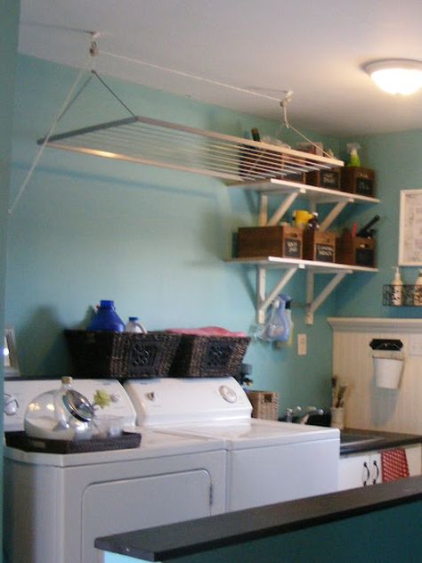 Laundry Room-Love the Drying Rack on a pulley system to keep it out of the way. Washer Dryer Laundry Room, Laundry Closet Organization, Laundry Room Storage Shelves, Small Laundry Room Makeover, Small Laundry Room Organization, Tiny Laundry Rooms, Room Storage Diy, Laundry Rack, Laundry Closet