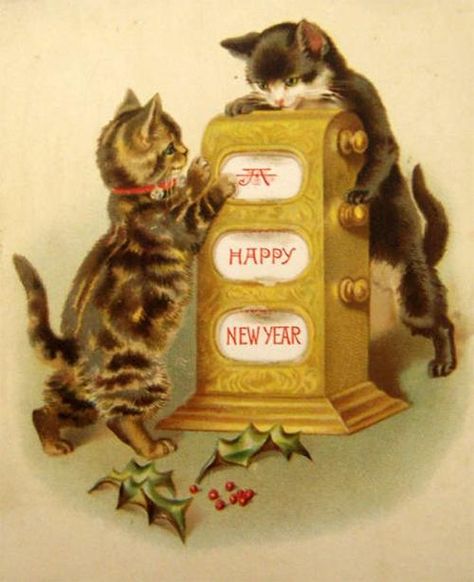 Vintage New Years, New Year Vintage, Vintage Happy New Year, New Years Cards, New Year Clipart, New Year Calendar, New Year Postcard, Auld Lang Syne, Vintage Cats