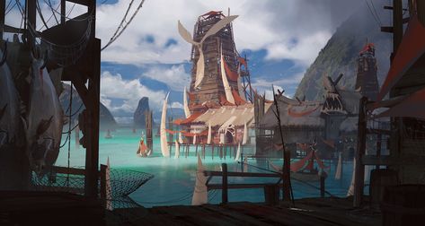 ArtStation - Fishing Village, Cody Foreman Coastal Village Fantasy Art, Port Nyanzaru, Fantasy Settings, Dnd Backgrounds, 3d World, Beach Village, Fantasy Town, World Building, Coastal City