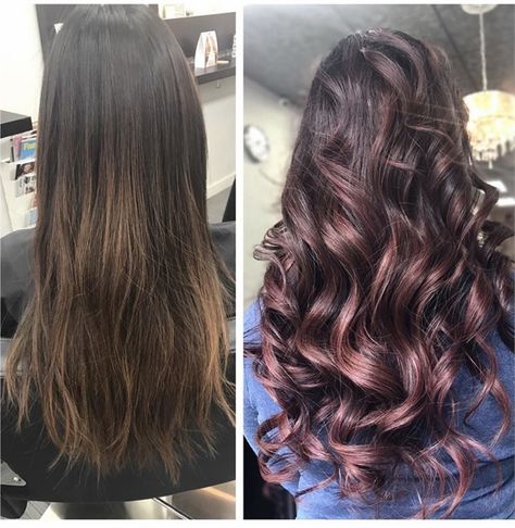 MAKEOVER: Faded To Dusty Purple - Hair Color - Modern Salon Faded Balayage, Chocolate Purple Hair, Chocolate Mauve Balayage, Dark Hair With Mauve Highlights, Dusty Violet Rose Hair, Chocolate Mauve Hair Bayalage, Dark Brown To Purple Ombre, Rose Highlights, Ombre Curly Hair